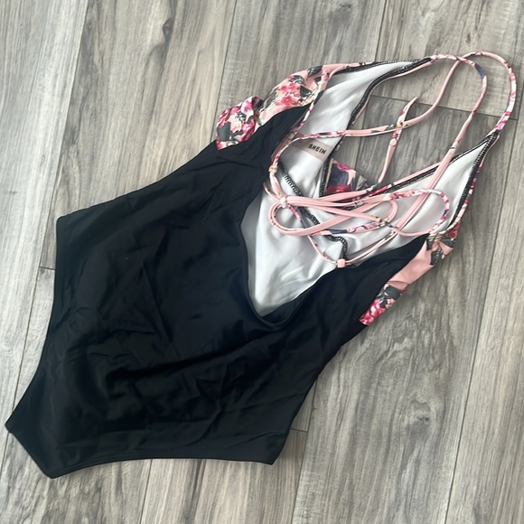 Black and Pink Floral One Piece Swimsuit - Picture 3 of 4